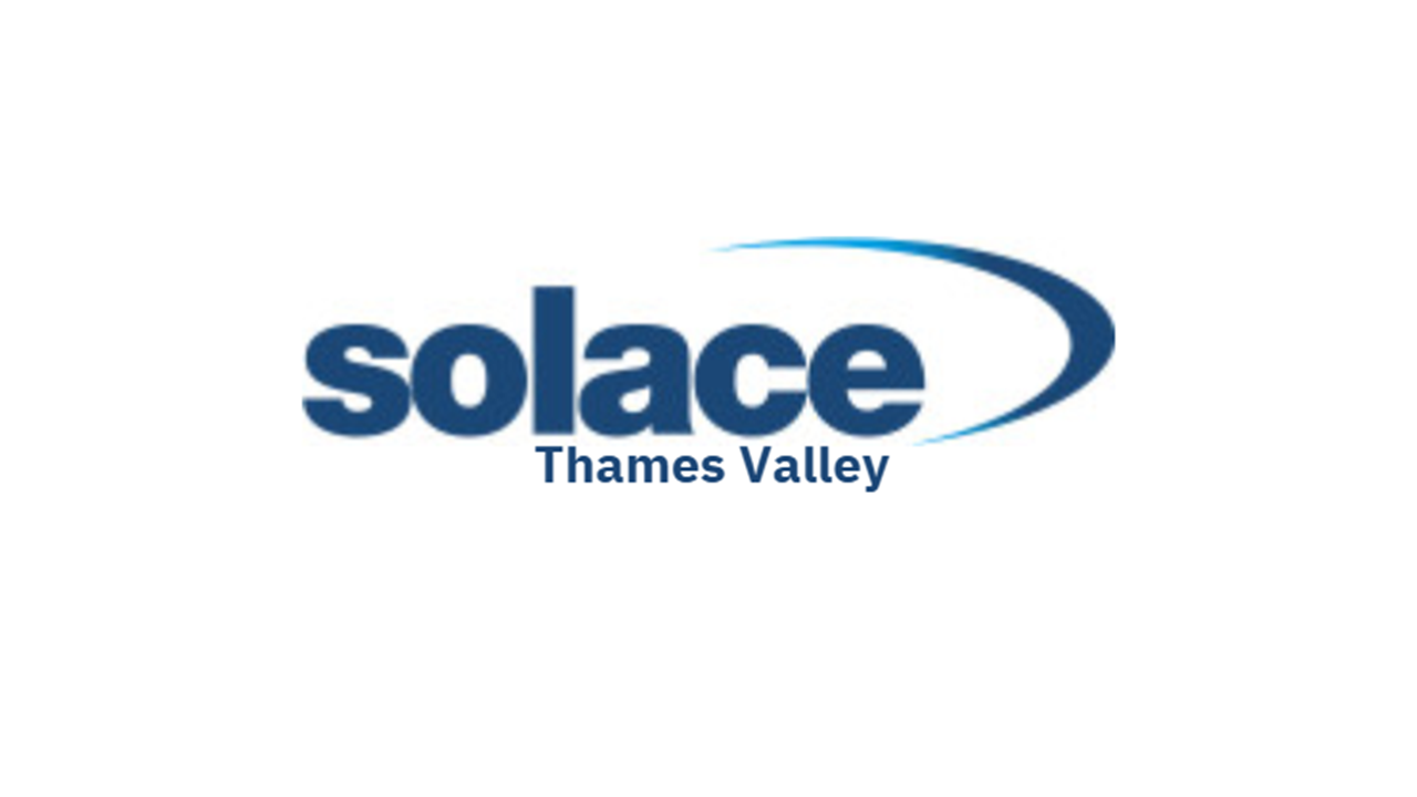 Solace Thames Valley logo: bold blue 'solace' with a blue curved swoosh above it and 'Thames Valley' text beneath.